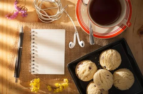Notepad on wood table Stock Photos