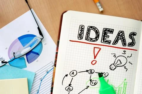 Notepad with word ideas concept and glasses Stock-Fotos