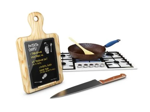 Notepad for your recipe with Knife, Pan and kitchen stove, 3d Illustration Stock Illustration