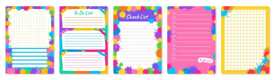 Notepaper lined or grid notepad set colorful splash paint daily planner sticker Stock Illustration