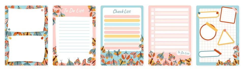 Notepaper lined or grid notepad set butterfly moth daily planner sticker page Stock Illustration