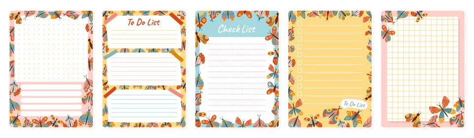 Notepaper lined or grid notepad set butterfly moth daily planner sticker page Stock Illustration