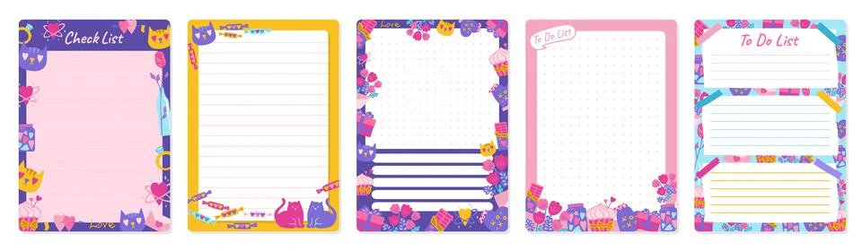 Notepaper lined or grid Notepad set Valentines Day elements daily planner note Stock Illustration