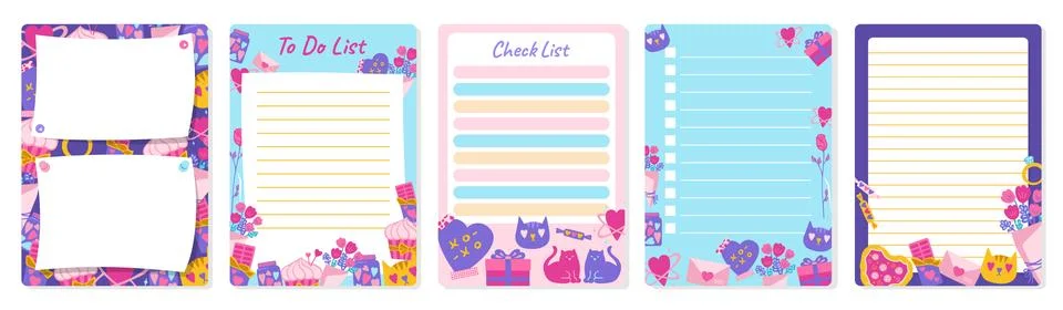 Notepaper lined or grid Notepad set Valentines Day elements daily planner note Stock Illustration