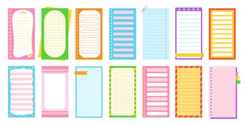 Notepaper lined or grid Notepads cartoon set weekly daily planner sticker Stock Illustration