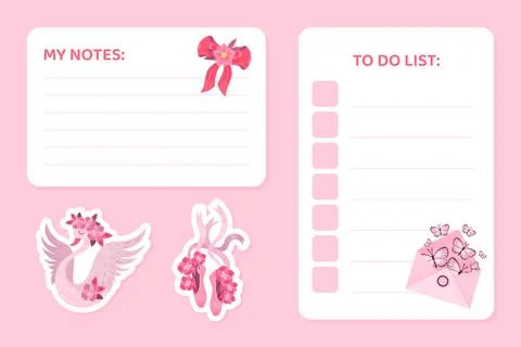 Notes and To Do List Card Design with Pink Envelope and Swan Vector Template Illustrazione stock