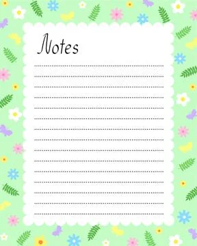 Notes blank lined page template with floral seasonal springtime nature Stock Illustration