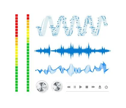 Notes, buttons and sound waves. Notes, buttons and sound waves. Music back... Stock Photos