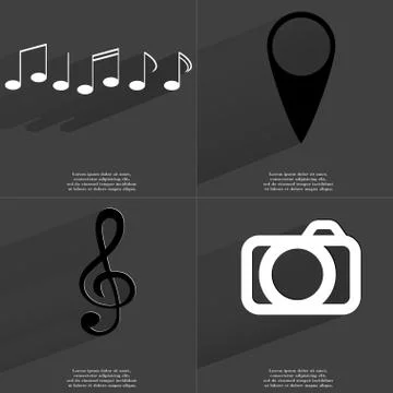 Notes, Checkpoint, Clef, Camera. Symbols with long shadow. Flat design Stock Illustration