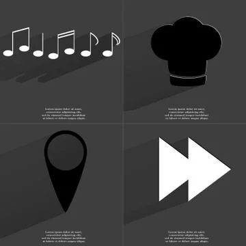 Notes, Cooking hat, Checkpoint, Two arrows media icon sign. Set of Symbols wi Stock Illustration