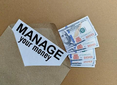 Notes in envelope printed with manage your money, US Dollar, financial concept Stock Photos
