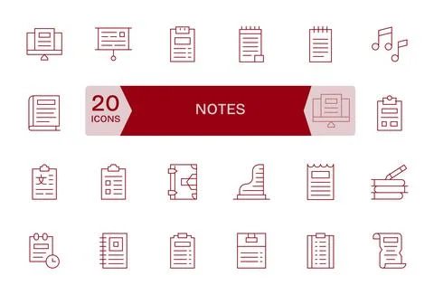 Notes Essential Vector Set including 24 Pixel Aligned Thin Line 64x64 Icons 스톡 일러스트