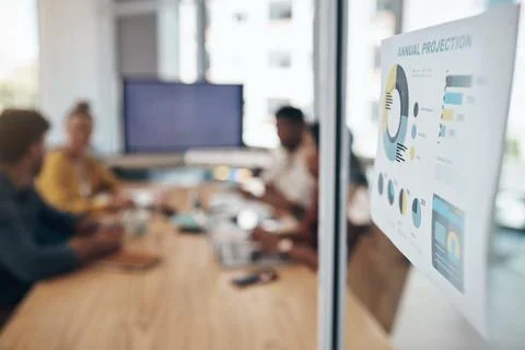Notes, glass wall and graphs in office, meeting and business people for ideas Stock Photos
