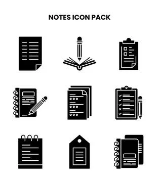 Notes Glyph Collection Icons Pack Stock Illustration