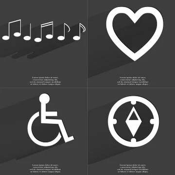 Notes, Heart, Disabled person, Compass icon sign. Set of Symbols with Flat de Illustrazione stock