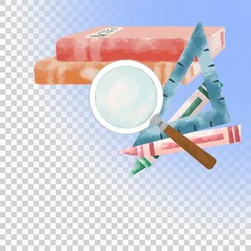 Notes notebooks, magnifier, triangle ruler and 3 pencils are floating on イラスト素材