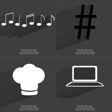 Notes, Number, Cooking hat, Laptop icon sign. Set of Symbols with Flat design Stock Illustration