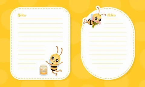 Notes Page with Cute Honey Bee Insect with Jar and Flowers Vector Template Illustrazione stock