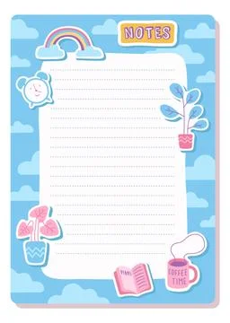 Notes page. Planner sheet template. Cute stickers on blue background. Rainbow Stock Illustration