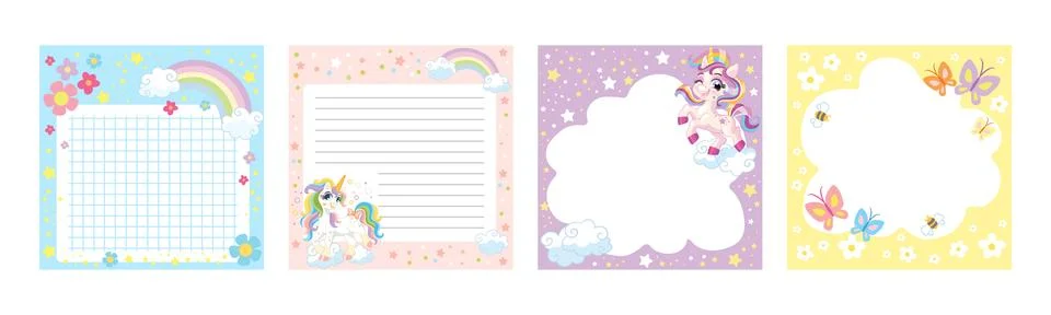 Notes pages with cute unicorns vector set イラスト素材