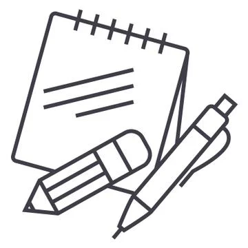 Notes with pen and pencil vector line icon, sign, illustration on white backg Stock Illustration