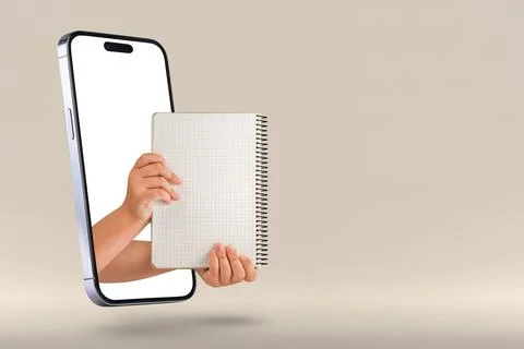 Notes on the phone, notebook in mobile devices, online learning. Smartphone Stock Photos
