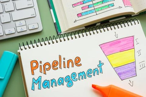 Notes on pipeline management in a notebook. Stock Photos