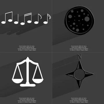 Notes, Pizza, Scales, Compass icon sign. Set of Symbols with Flat design and  Stock Illustration