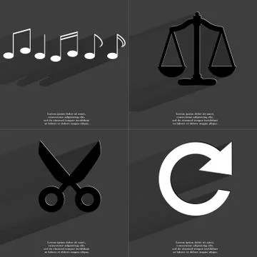 Notes, Scales, Scissors, Reload icon sign. Set of Symbols with Flat design an Stock Illustration