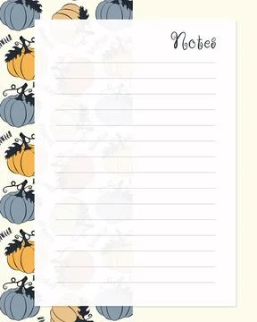 Notes template, lined paper with Halloween Pumpkin pattern hand drawn. To do Stock Illustration