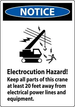 Notice Sign Electrocution Hazard, Keep All Parts Of This Crane At Least 20 .. Stock Illustration
