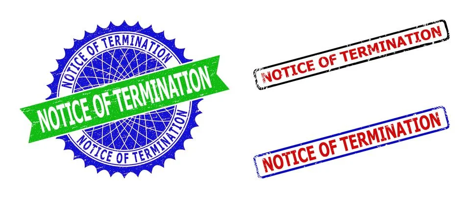 NOTICE OF TERMINATION Rosette and Rectangle Bicolor Seals with Unclean Textures Stock Illustration