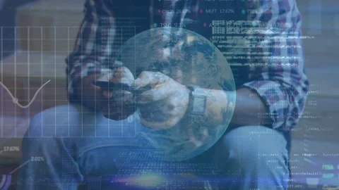 Noticing globe overlay, man in plaid shirt jeans tapping and scrolling phone in Stock Footage 334312658