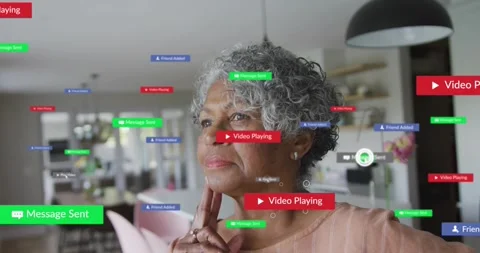 Noticing send message bubble, senior woman in pink blouse turning as UI badges Stock Footage 330541304