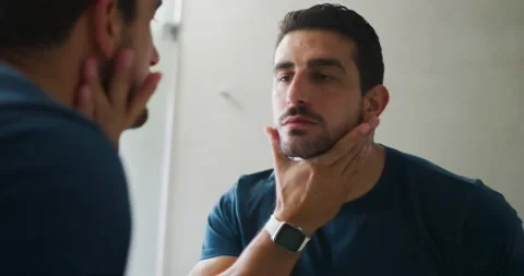 Noticing stubble in mirror, man checking beard line in bath, cupping chin with Stock Footage 334925510