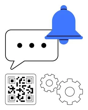 Notification Alert with Speech Bubble, QR Code, and Gear Icons Representing.. 스톡 일러스트