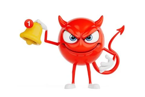Notification And Alert Concept. Red Devil Cartoon Character Holding Yellow .. Stock Illustration