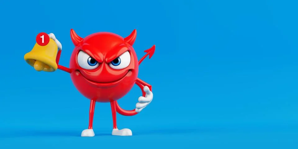 Notification And Alert Concept. Red Devil Cartoon Character Holding Yellow .. Stock Illustration