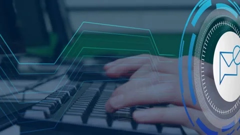 Notification appearing, hands typing on keyboard, teal lines flowing, HUD Stock Footage 335651730