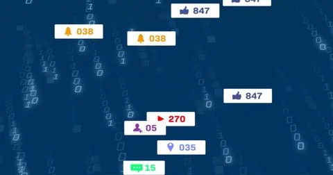 Notification badges floating in code matrix with like, bell, play, user, Stock Illustration