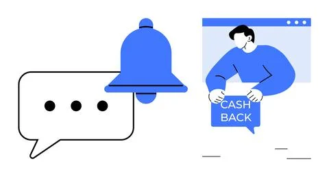 Notification Bell and Cashback Message with Person on Computer Screen Stockillustratie