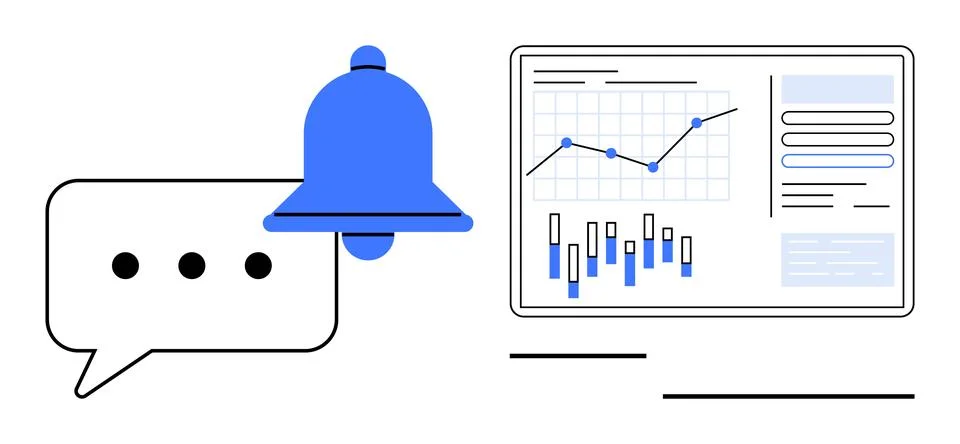 Notification bell and speech bubble beside analytics dashboard with graphs, b 스톡 일러스트