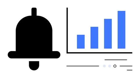 Notification bell beside bar graph with increasing blue bars and digital inte Stock Illustration