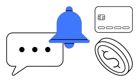 Notification bell in blue with chat bubble, credit card, and coin symbol. Ide Stock Illustration
