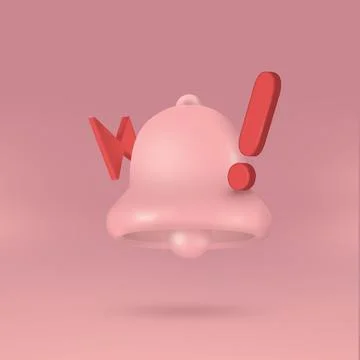 Notification bell icon. 3d rendering of a pink ringing bell with an exclamation Illustrazione stock