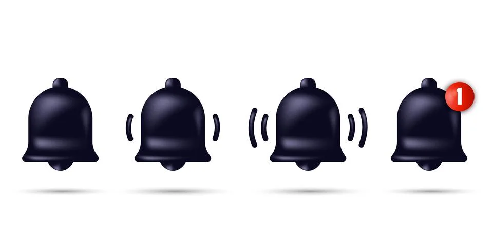 Notification bell icon set. 3d realistic design. Vector illustration Stock Illustration