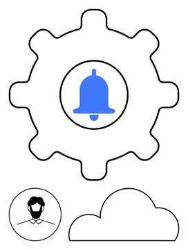 Notification Bell Inside Gear, User Avatar, and Cloud Representing Settings.. Stock Illustration