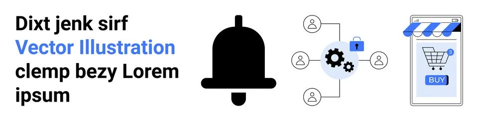 Notification bell, network with gear and padlock, and a mobile shopping cart. 스톡 일러스트
