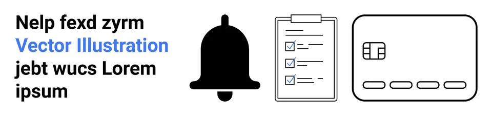 Notification Bell Next to Checklist and Credit Card with Sample Text Header Stock Illustration