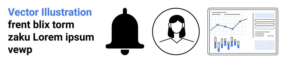 Notification bell, user profile icon, and analytical graph representing data  Illustrazione stock